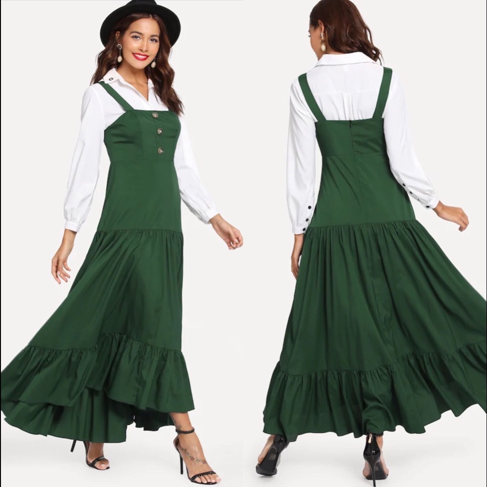 Button Front Tiered Pinafore Dress